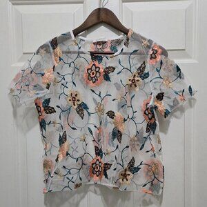 GLANCE Sheer Mesh Floral Embroider Round Neck Short Sleeve Resort Vacay Crop Top